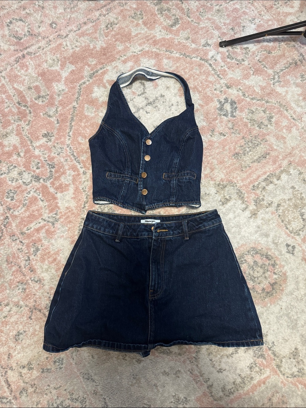 Showpo Dark Blue Denim Halter Crop Top and Skirt Set